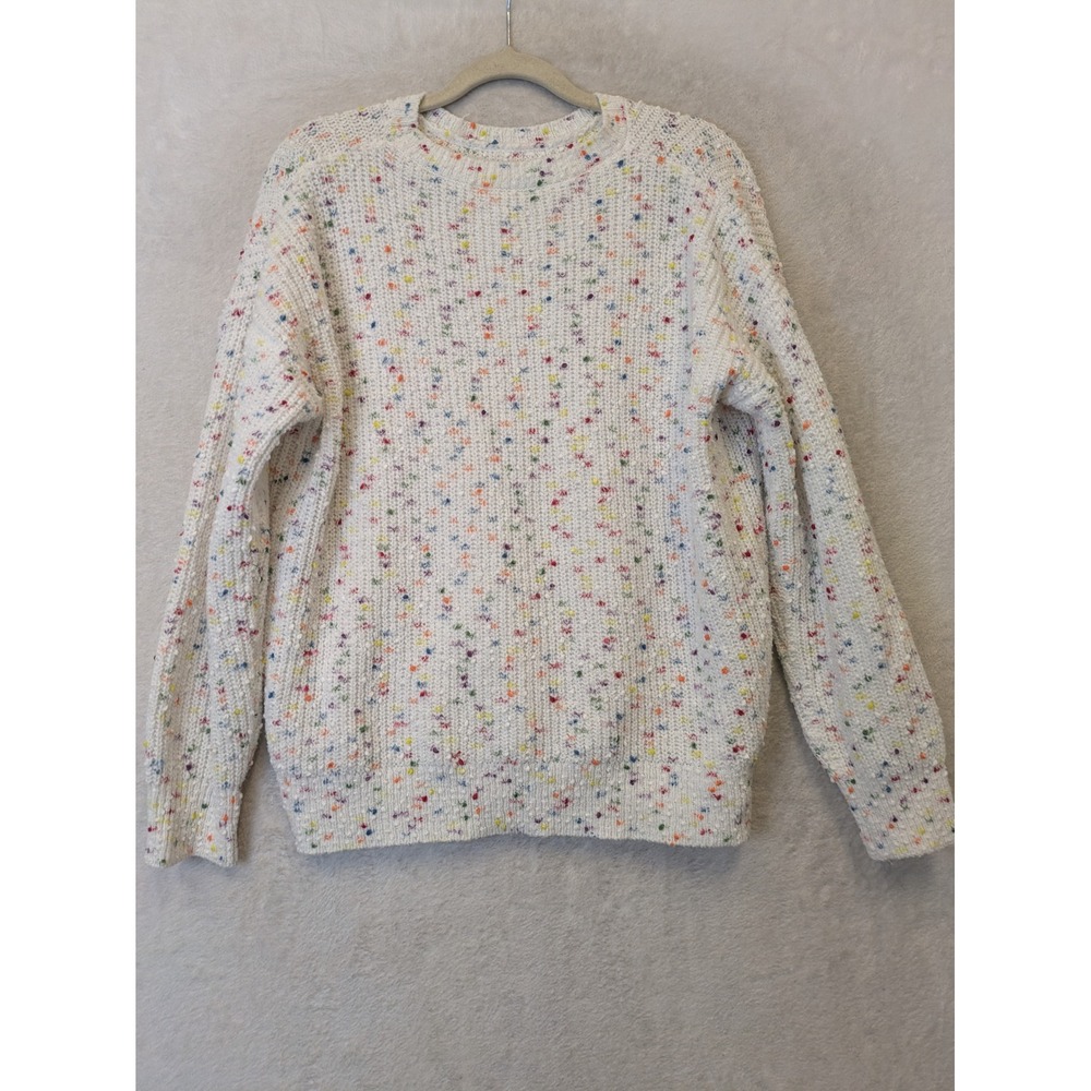 White Multicolor Confetti Speckled Chunky Knit Crewneck Sweater Medium
